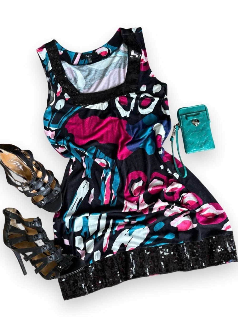 Y2K Abstract Print Mini Tank Dress with Sequin Trim